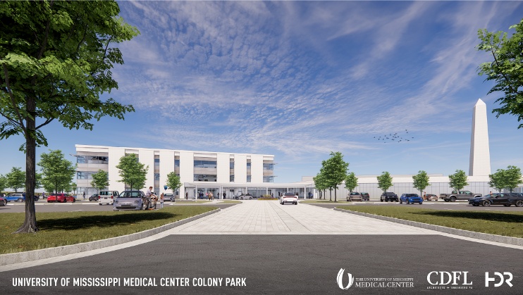 Artist rendering of proposed University of Mississippi Medical Center Colony Park location. UMMC Logo, CDFL logo, and HDR logo.